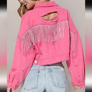Rhinestone Fringe Pink Denim Jacket